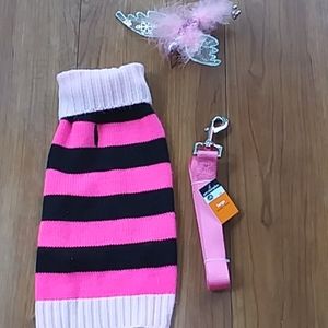 Bundle pink striped dog sweater & pink 5 ft leash